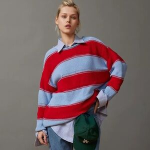 BDG Reece Oversized Pullover Sweater Red Blue Multi Small
